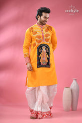 Cotton kantha embroidered punjabi for men hand painted ma durga men’s yellow kurta central deity 4