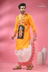 Cotton kantha embroidered punjabi for men hand painted ma durga men’s yellow kurta black embroidered 7