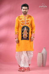 Cotton kantha embroidered punjabi for men hand painted ma durga men’s yellow kurta black orange 5
