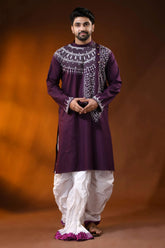 Cotton kantha embroidered wine kurta for men with geometric motif 6