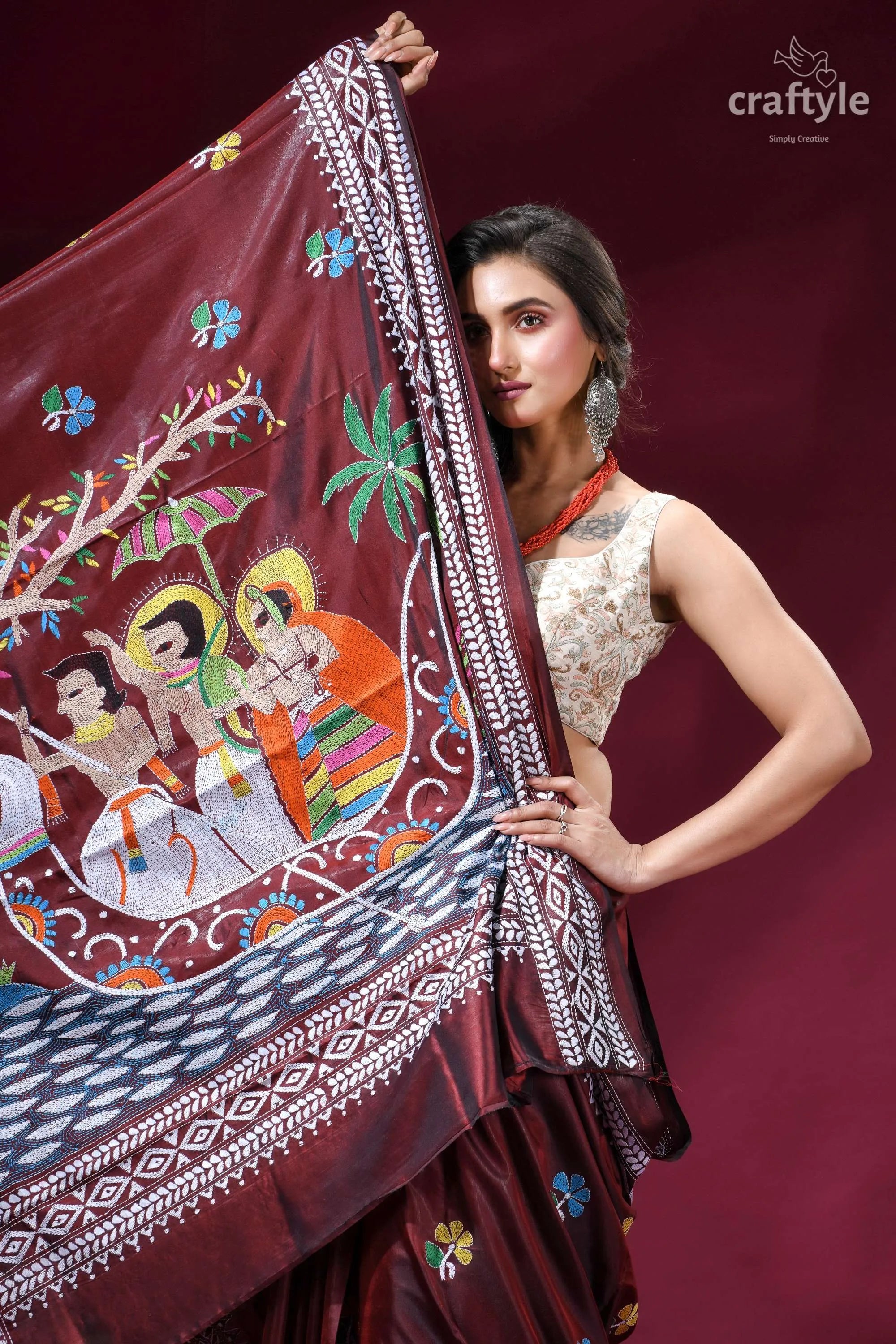 Crater brown designer silk kantha stitch saree - mythology theme rich maroon silk saree adorned 2