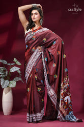Crater brown designer silk kantha stitch saree - mythology theme maroon silk saree intricate white 3