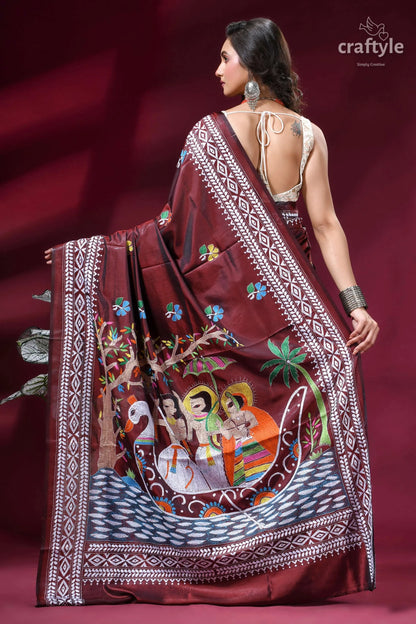 Crater brown designer silk kantha stitch saree - mythology theme maroon silk saree intricate hand-painted 4