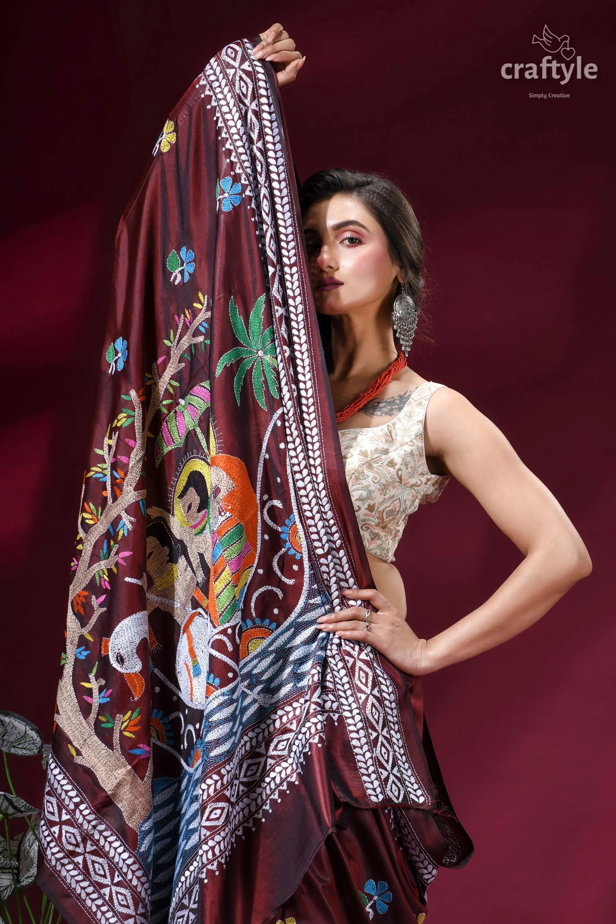Crater brown designer silk kantha stitch saree - mythology theme maroon silk saree intricate hand-embroidered 6