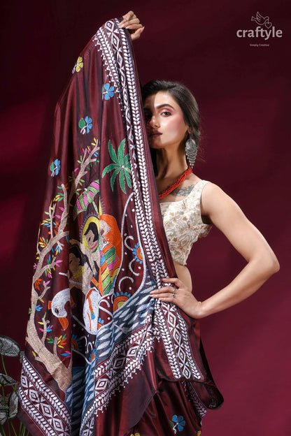 Crater brown designer silk kantha stitch saree - mythology theme maroon silk saree intricate hand-embroidered 6
