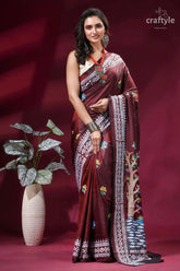 Crater brown designer silk kantha stitch saree - mythology theme maroon silk saree intricate white 1