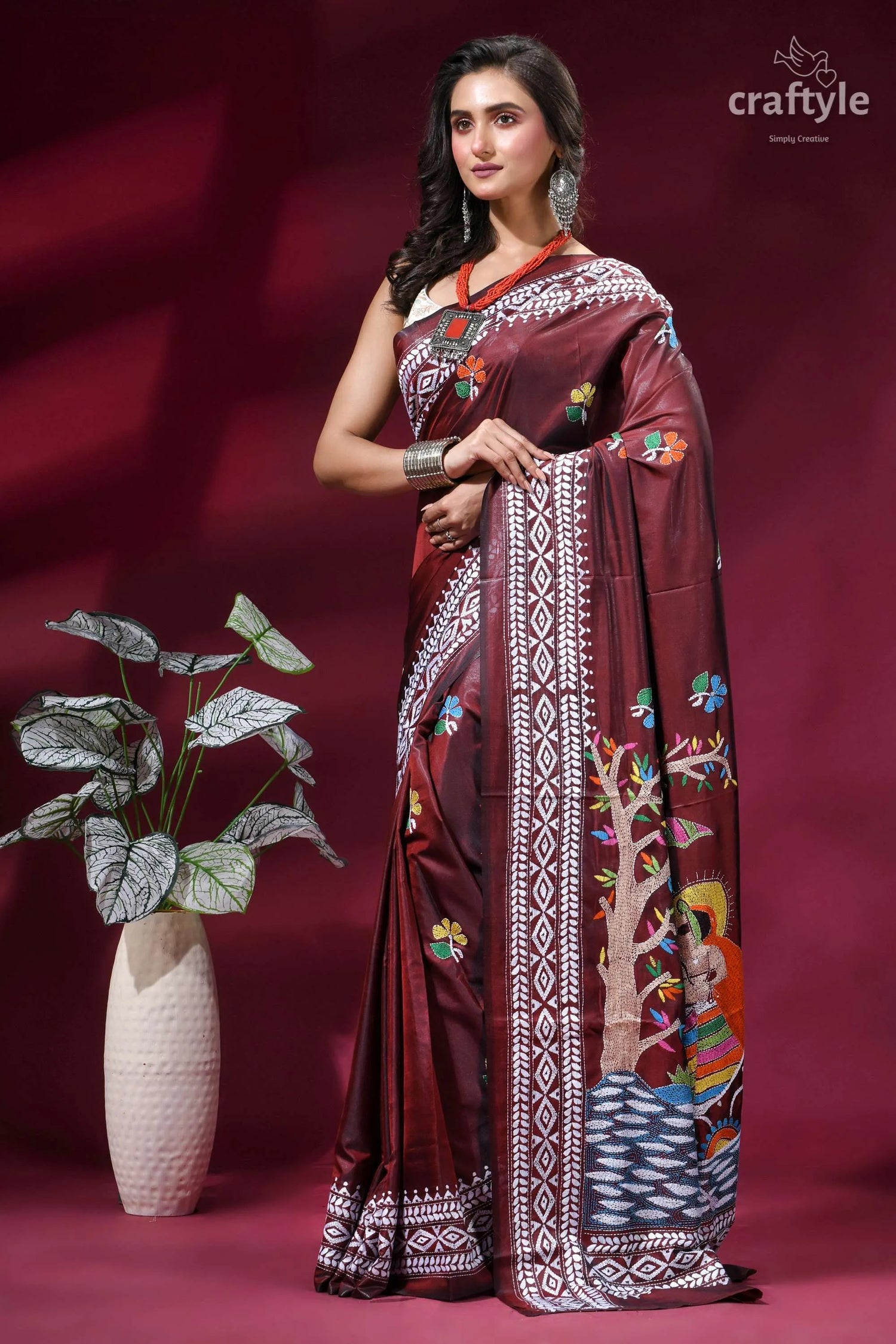 Crater brown designer silk kantha stitch saree - mythology theme maroon silk saree intricate white 7