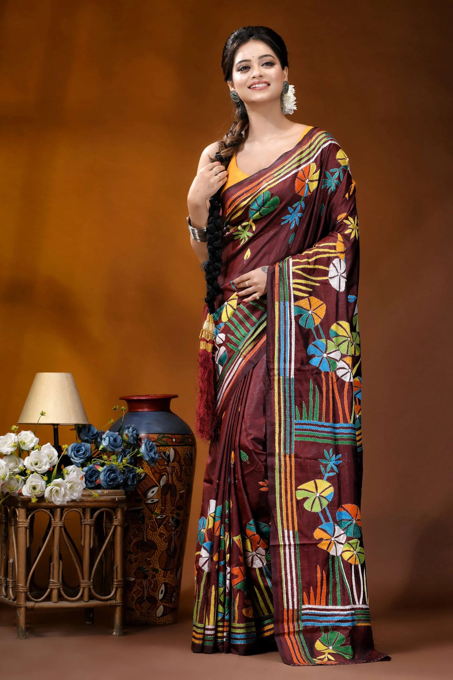 Crater brown floral design multicolor hand embroidered kantha saree maroon silk saree adorned vibrant 6