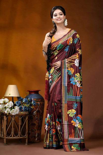 Crater brown floral design multicolor hand embroidered kantha saree maroon silk saree adorned vibrant 6