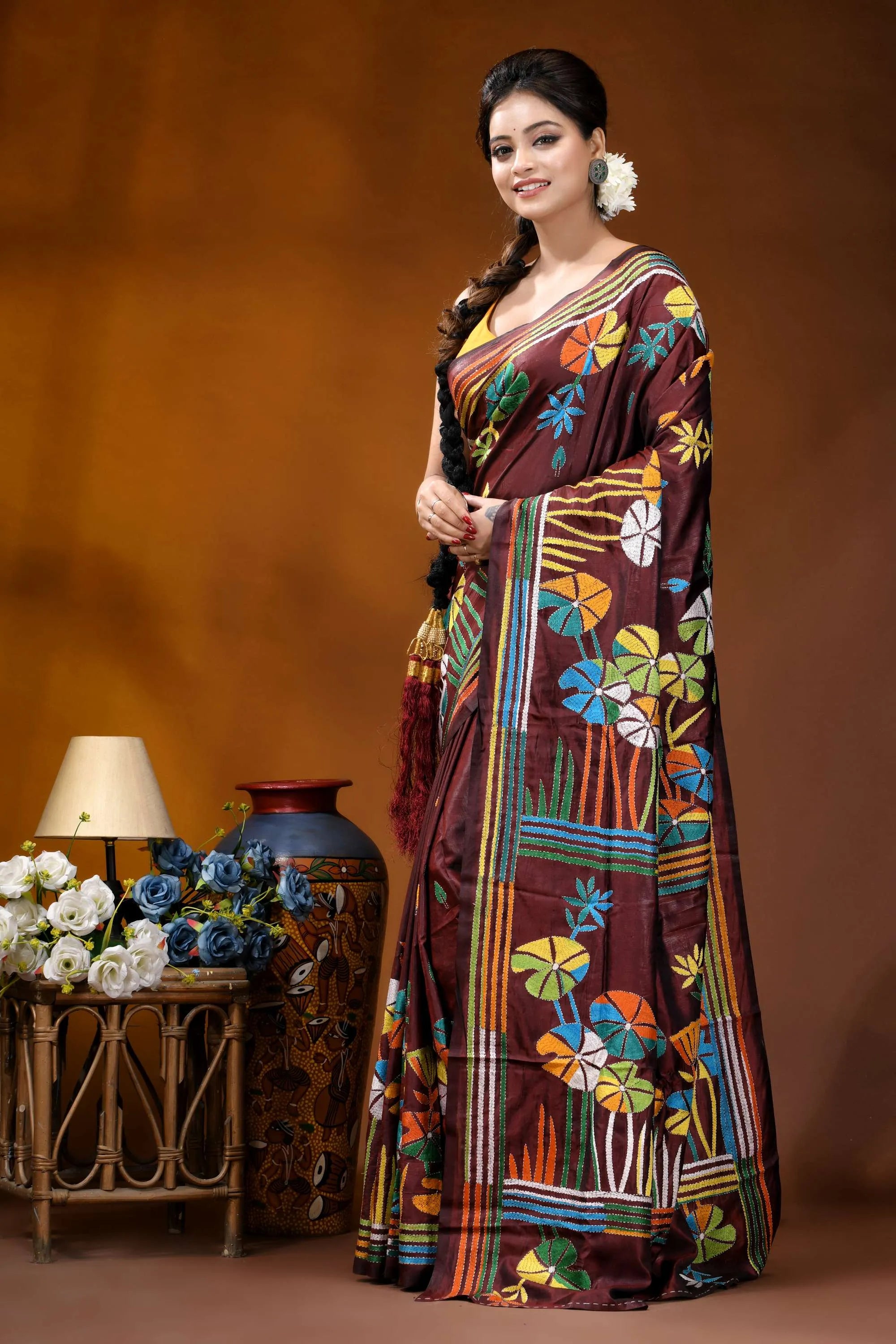 Crater brown floral design multicolor hand embroidered kantha saree maroon silk saree adorned vibrant 3