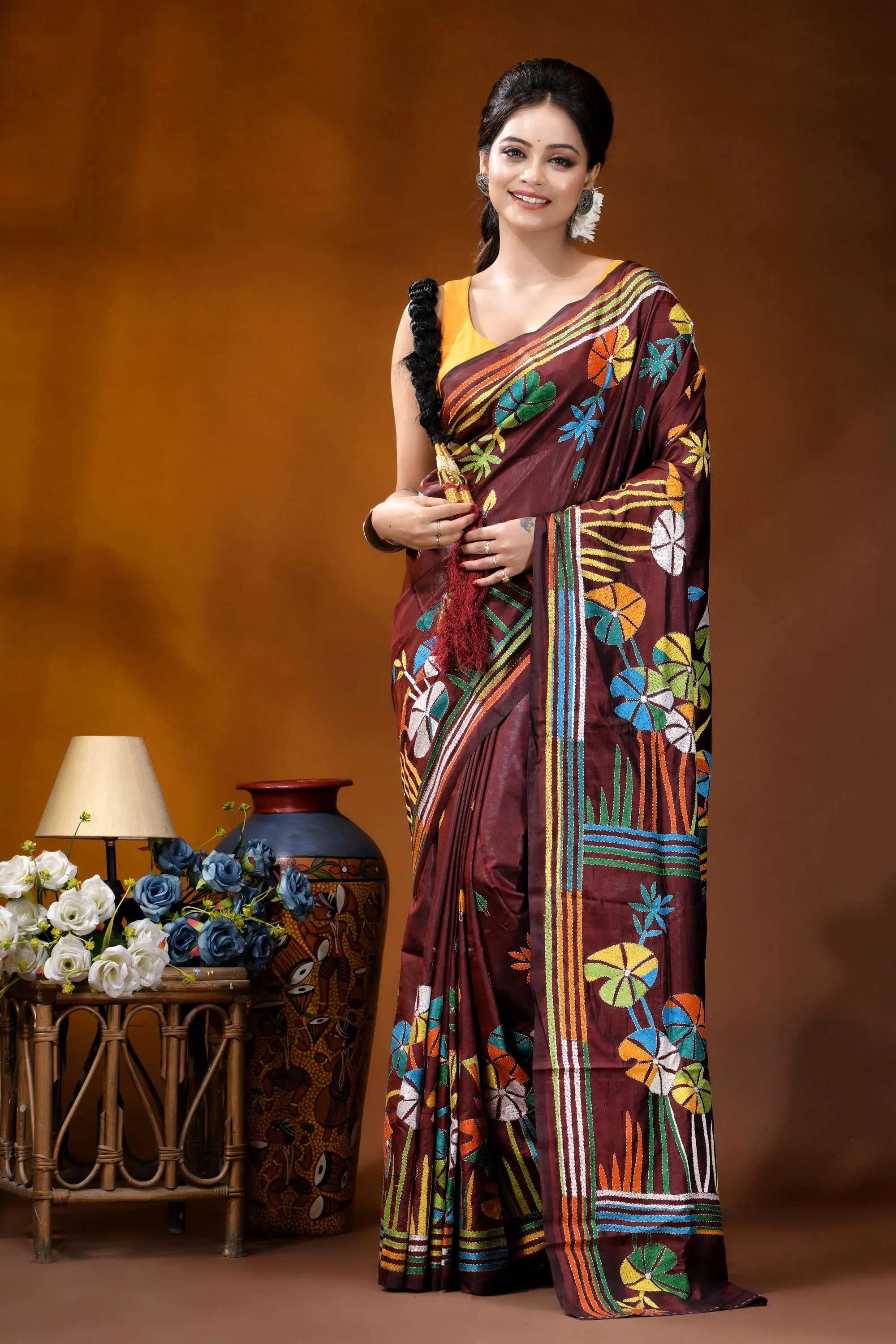 Crater brown floral design multicolor hand embroidered kantha saree maroon silk saree adorned vibrant 1