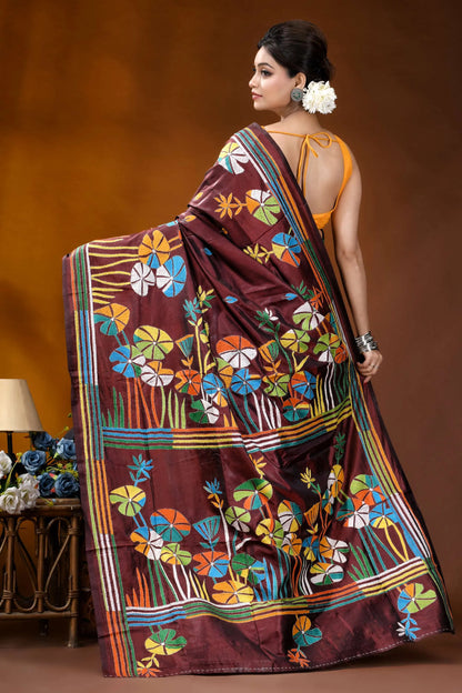 Crater brown floral design multicolor hand embroidered kantha saree maroon silk saree adorned vibrant 5