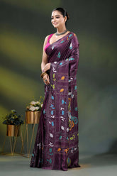Crater brown paisley motif hand embroidered silk kantha work saree 3
