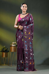 Crater brown paisley motif hand embroidered silk kantha work saree 6