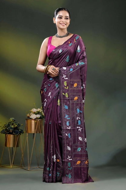 Crater brown paisley motif hand embroidered silk kantha work saree 6