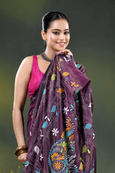 Crater brown paisley motif hand embroidered silk kantha work saree 2