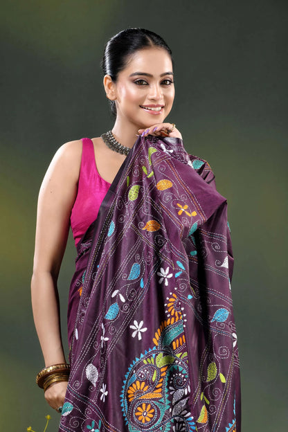 Crater brown paisley motif hand embroidered silk kantha work saree 2