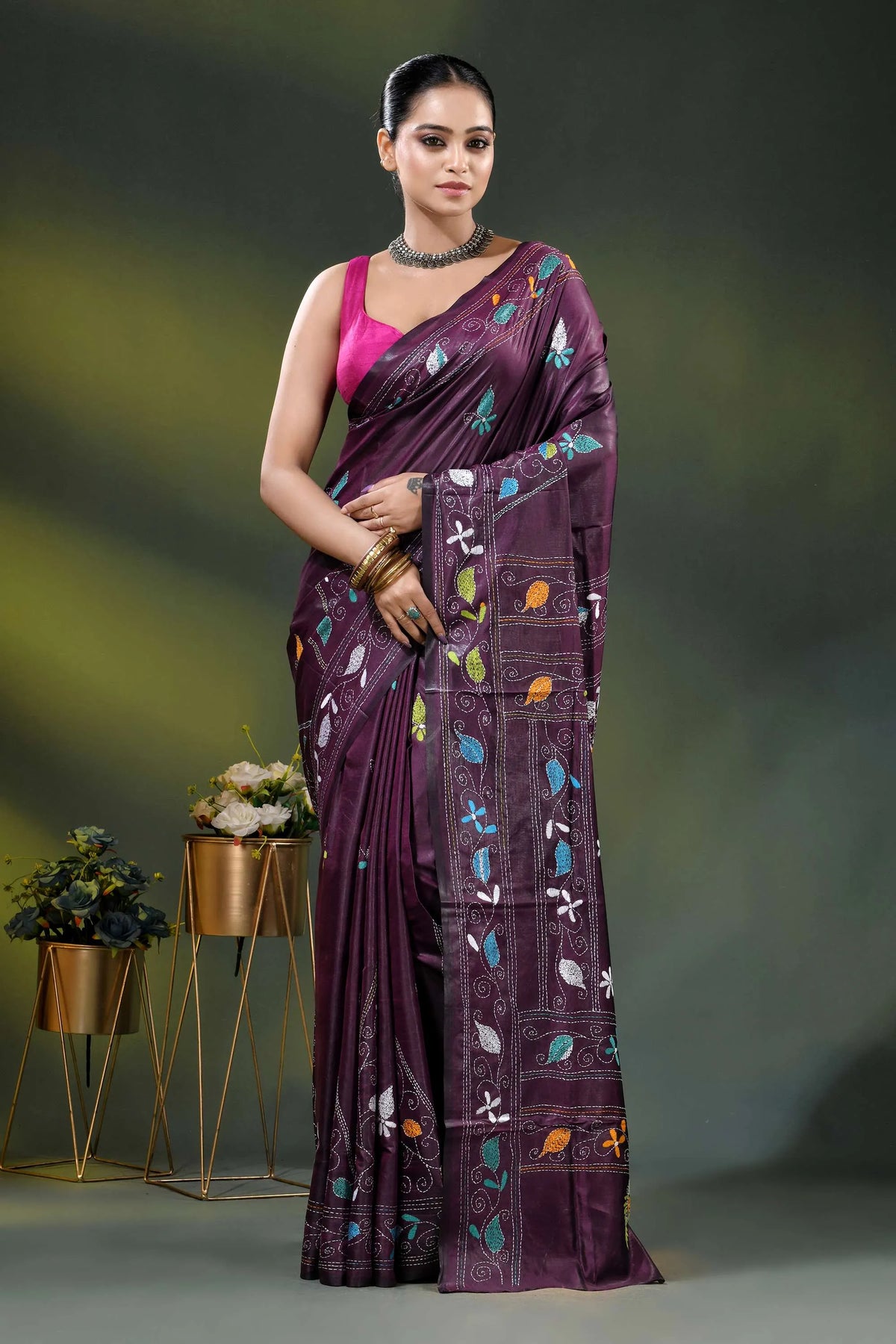 Crater brown paisley motif hand embroidered silk kantha work saree 1