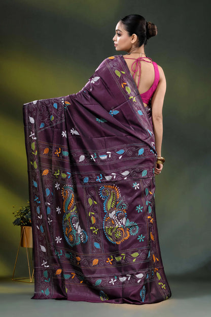 Crater brown paisley motif hand embroidered silk kantha work saree 5