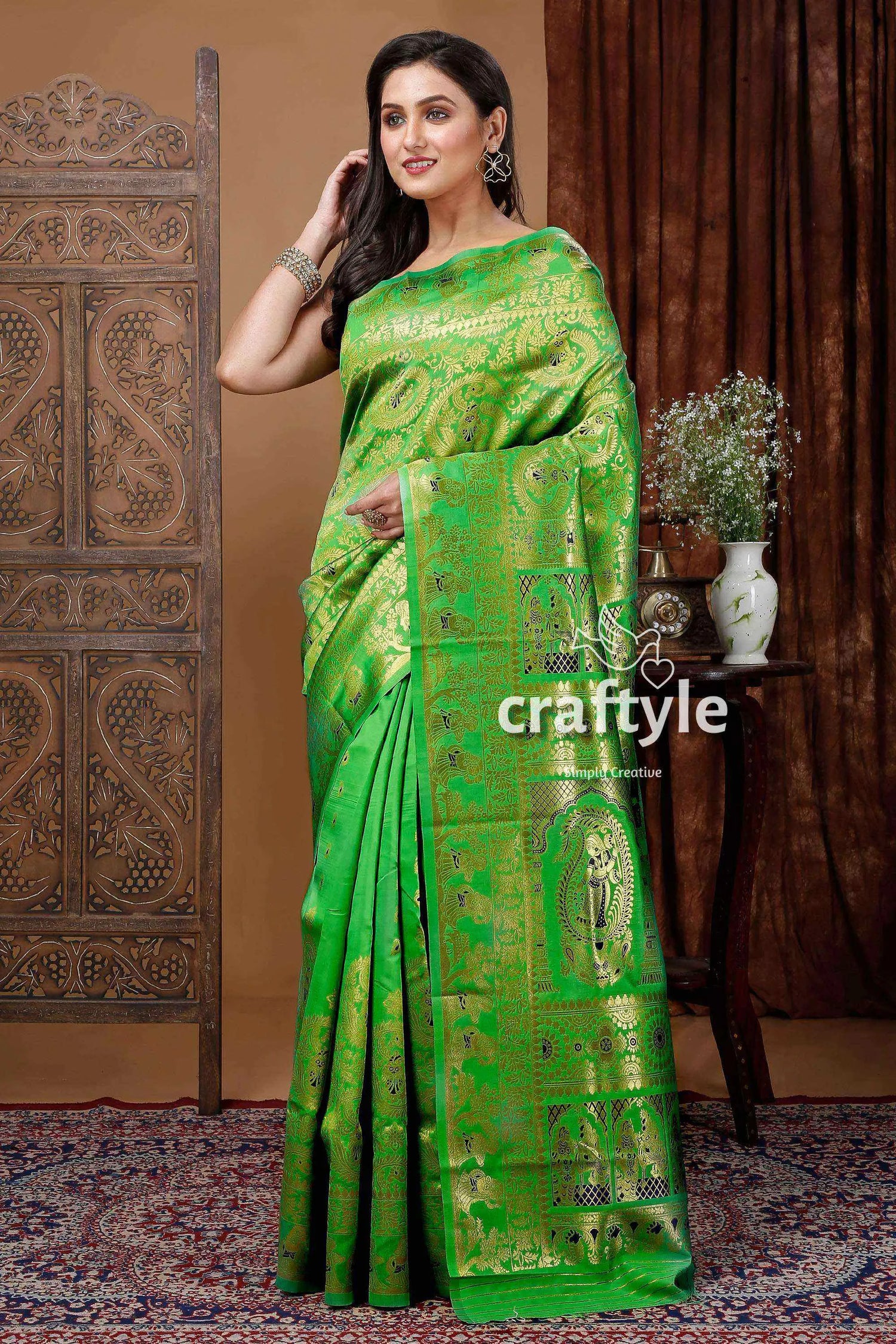 Crayola green soft swarnachari saree with golden zari meena work green gold saree 1