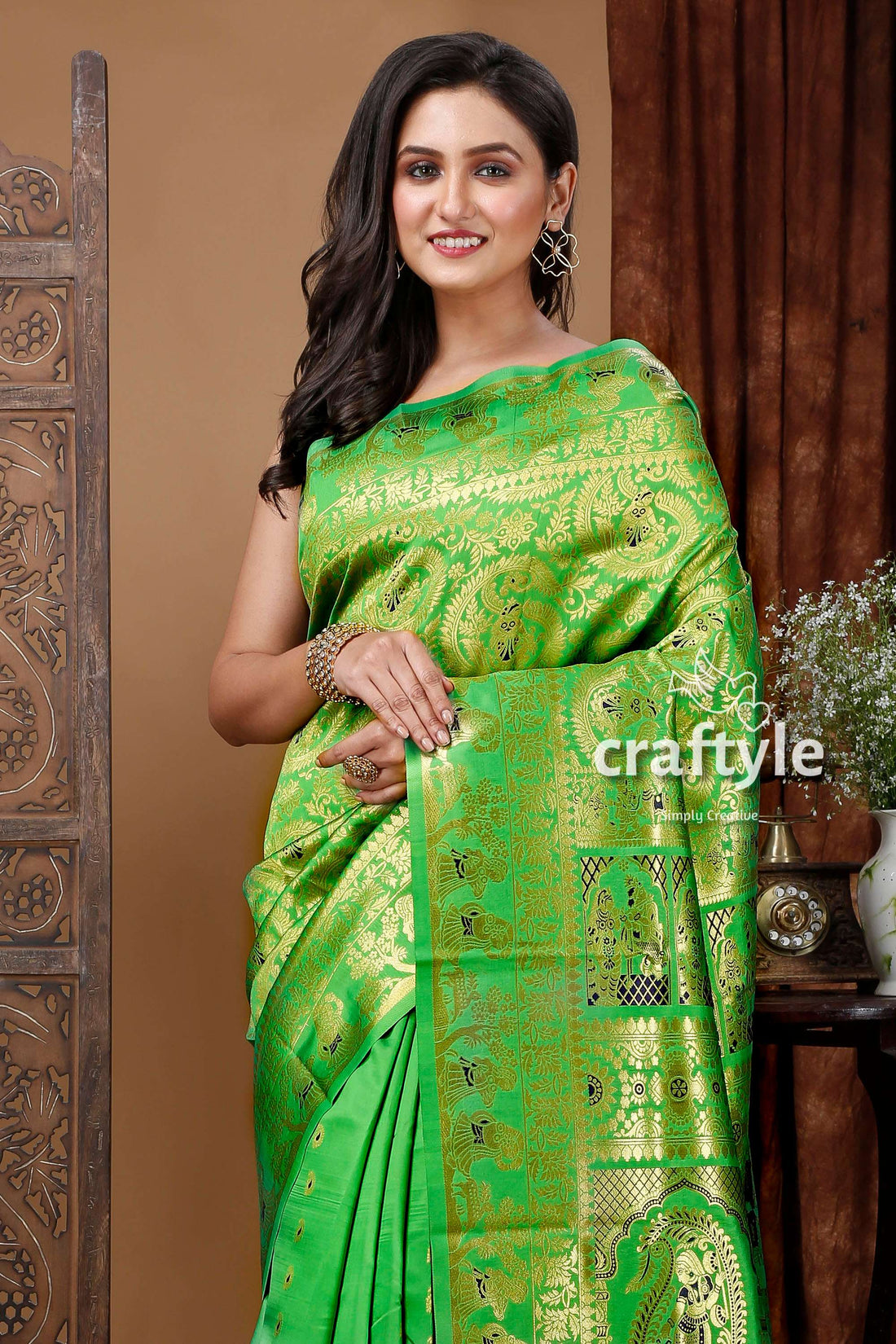 Crayola Green Soft Swarnachari Saree with Golden Zari Meena Work - Craftyle