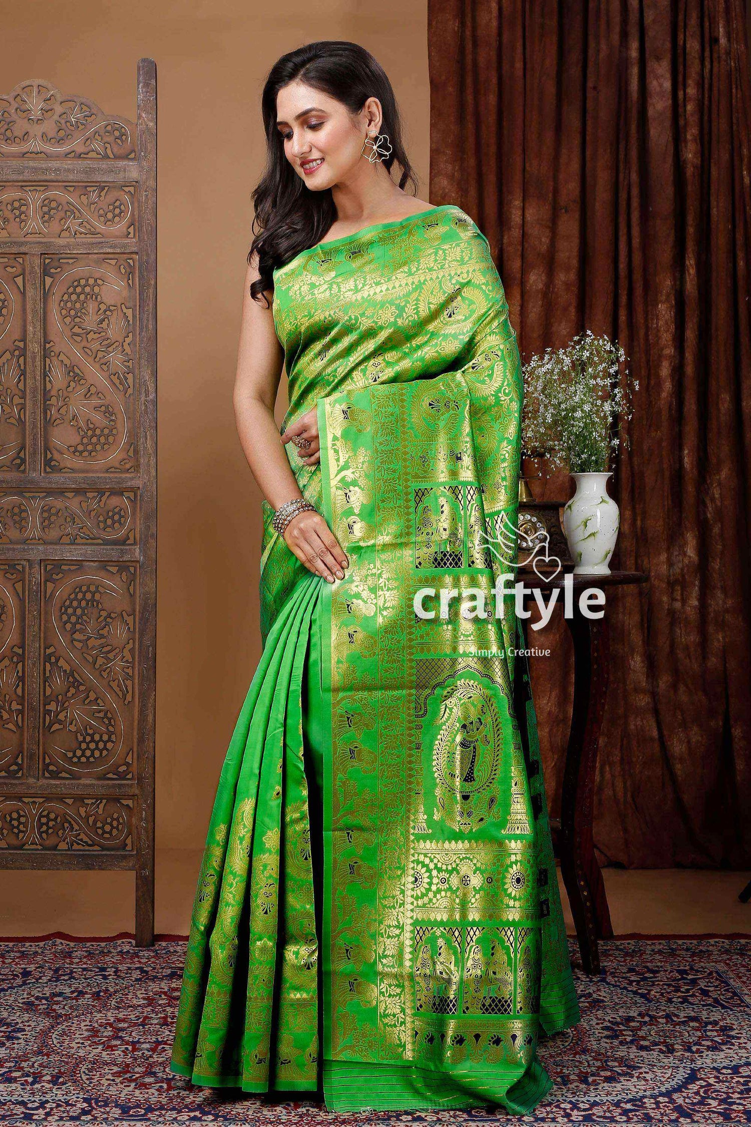 Crayola Green Soft Swarnachari Saree with Golden Zari Meena Work - Craftyle