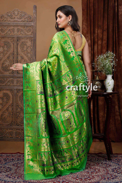 Crayola Green Soft Swarnachari Saree with Golden Zari Meena Work - Craftyle