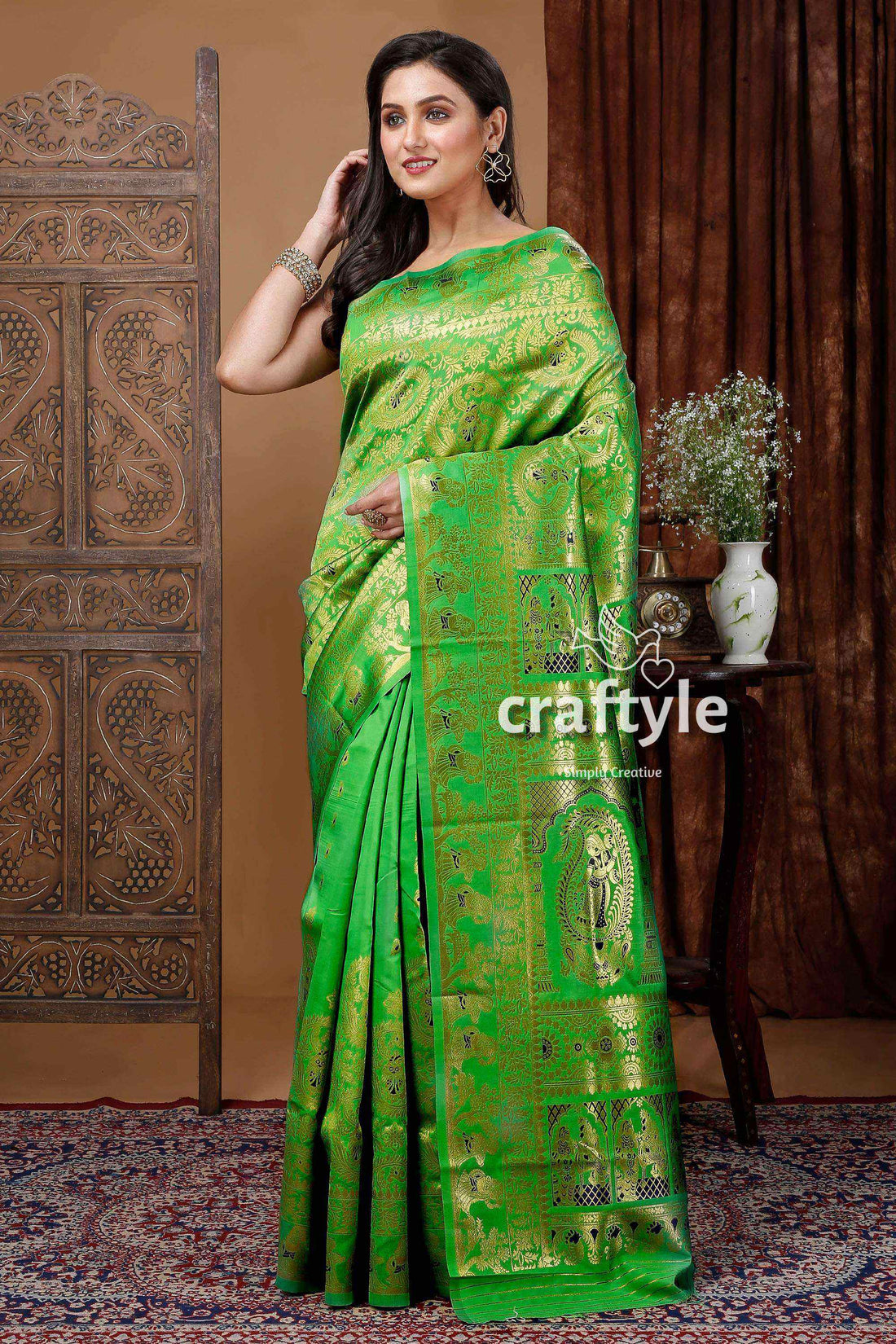 Crayola Green Soft Swarnachari Saree with Golden Zari Meena Work - Craftyle