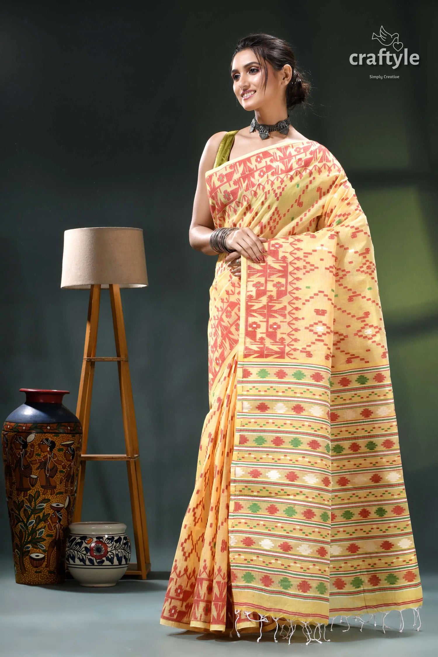 Crayola yellow traditional cotton jamdani saree yellow orange saree intricate patterns 3