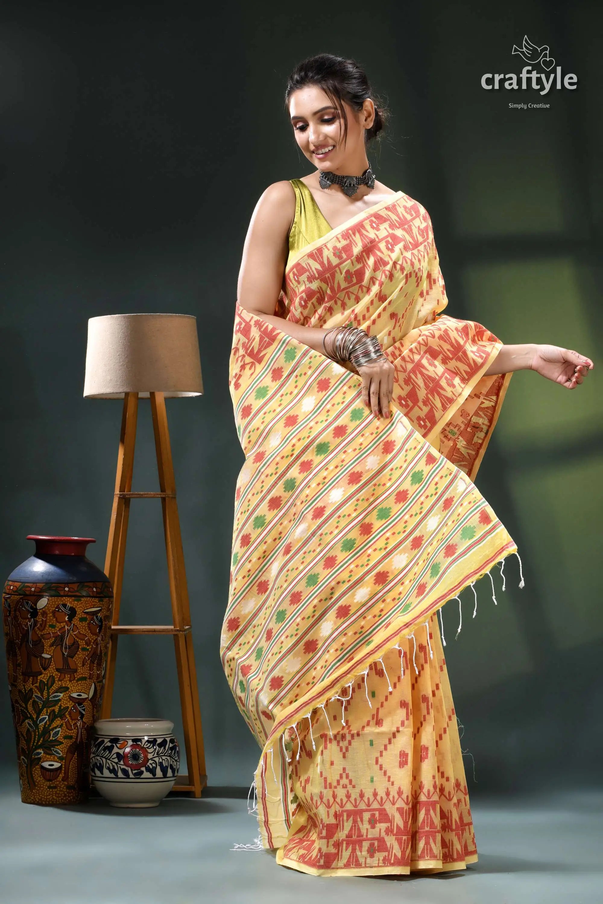 Crayola yellow traditional cotton jamdani saree yellow orange saree intricate floral 4