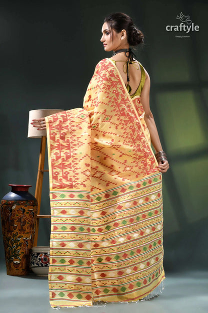 Crayola yellow traditional cotton jamdani saree gold red floral saree green 5