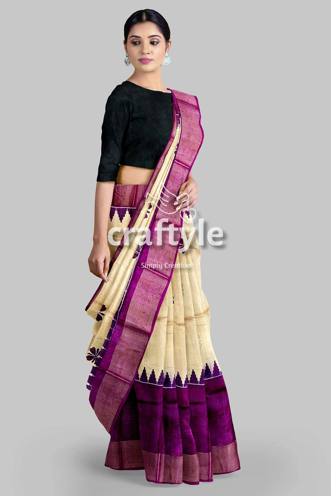 Cream and eminence purple pure zari tussar saree - block print design woman cream purple saree 2