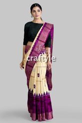 Cream and Eminence Purple Pure Zari Tussar Saree - Block Print Design - Craftyle