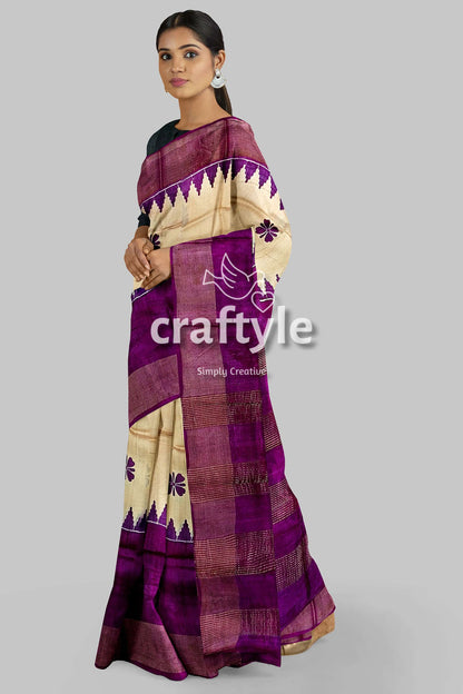 Cream and Eminence Purple Pure Zari Tussar Saree - Block Print Design - Craftyle