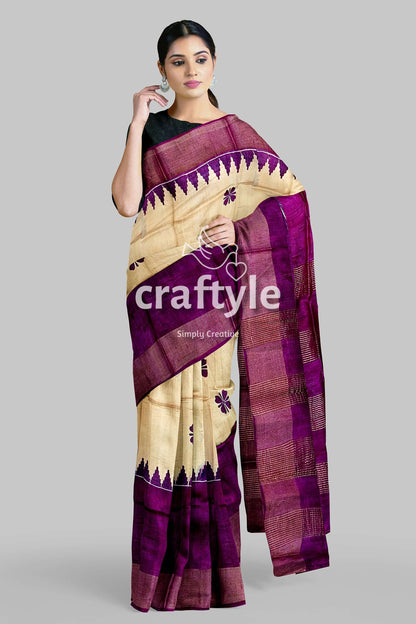 Cream and Eminence Purple Pure Zari Tussar Saree - Block Print Design - Craftyle