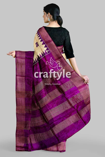 Cream and Eminence Purple Pure Zari Tussar Saree - Block Print Design - Craftyle