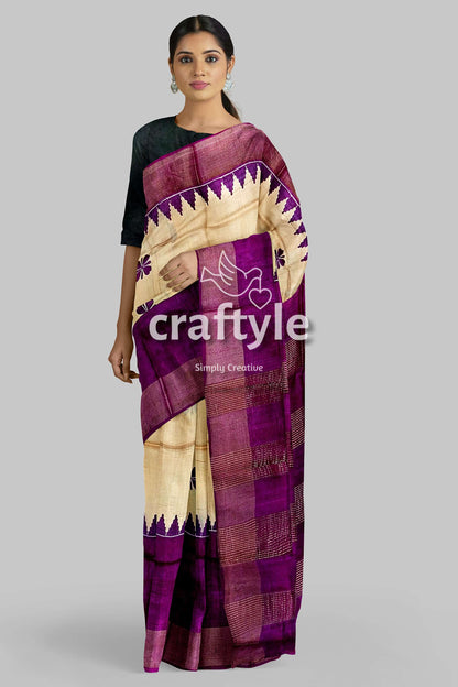 Cream and Eminence Purple Pure Zari Tussar Saree - Block Print Design - Craftyle