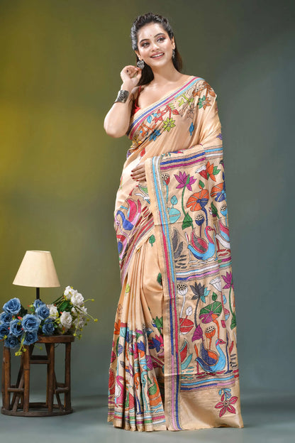 Cream beige swan motif handmade silk kantha saree beige silk saree vibrant hand-embroidered 6