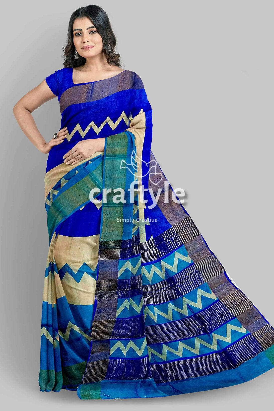 Cream blue hand block print pure tussar saree with zari border blue beige patterned saree 1