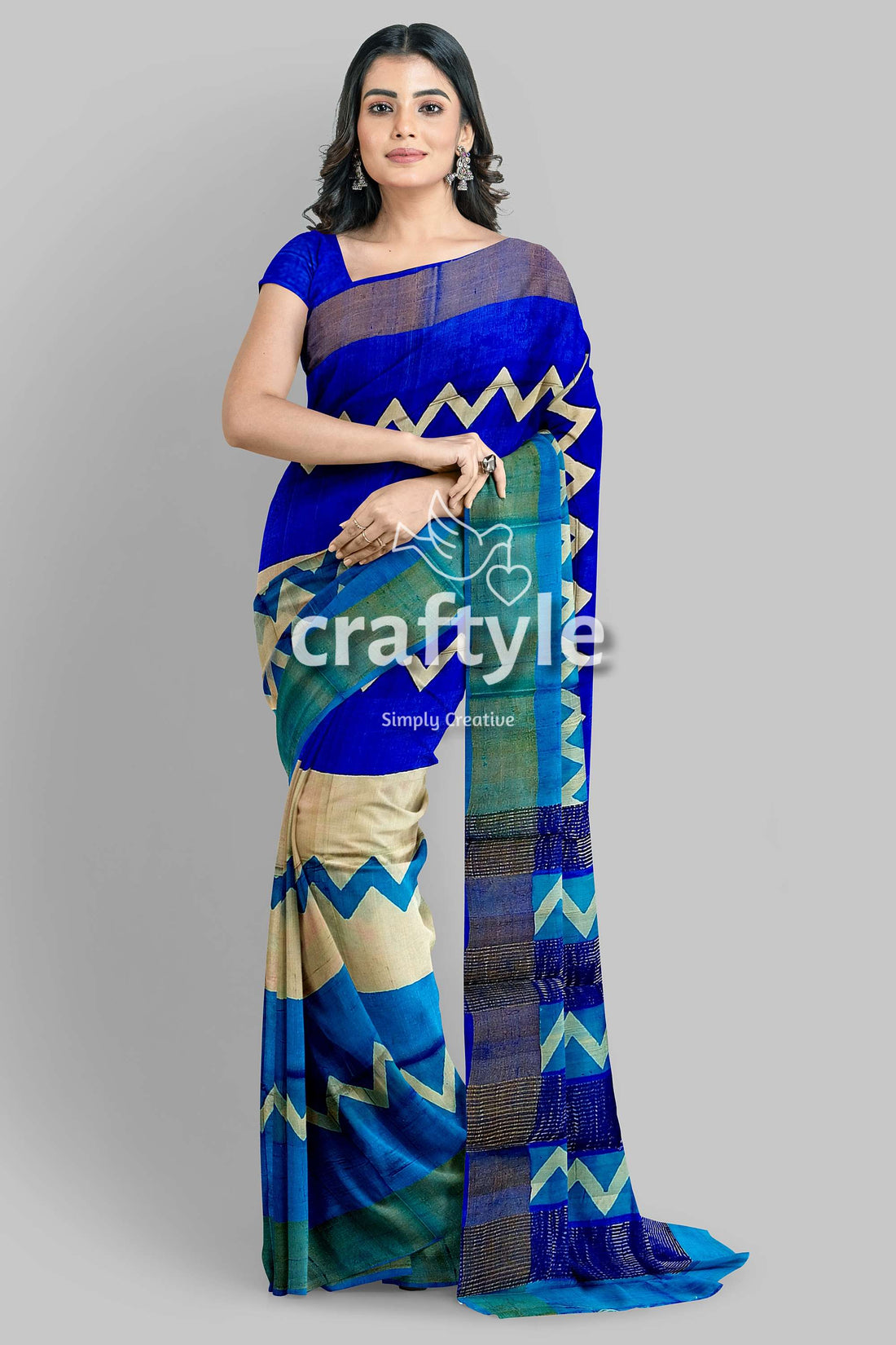 Cream Blue Hand Block Print Pure Tussar Saree with Zari Border - Craftyle