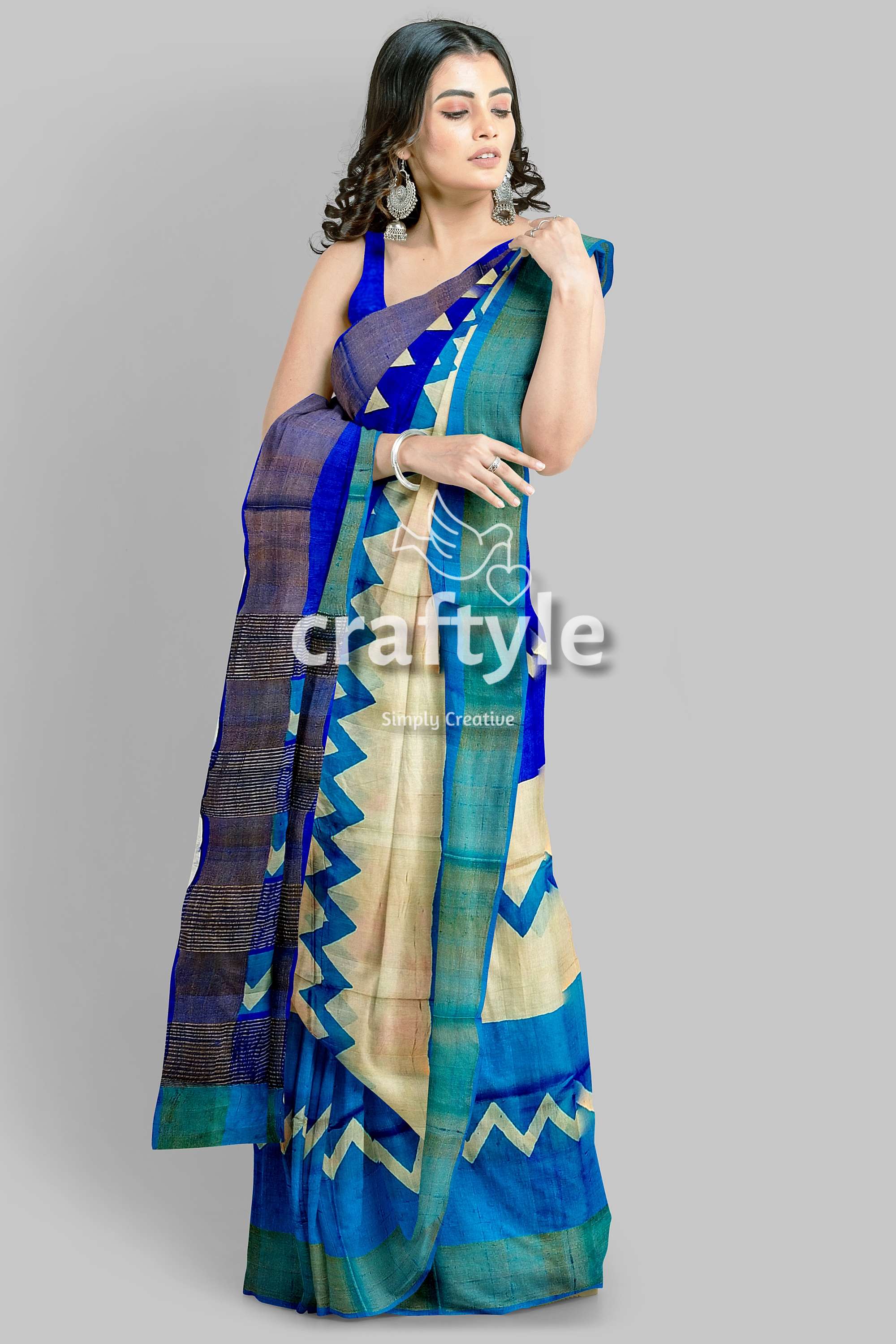 Cream Blue Hand Block Print Pure Tussar Saree with Zari Border - Craftyle