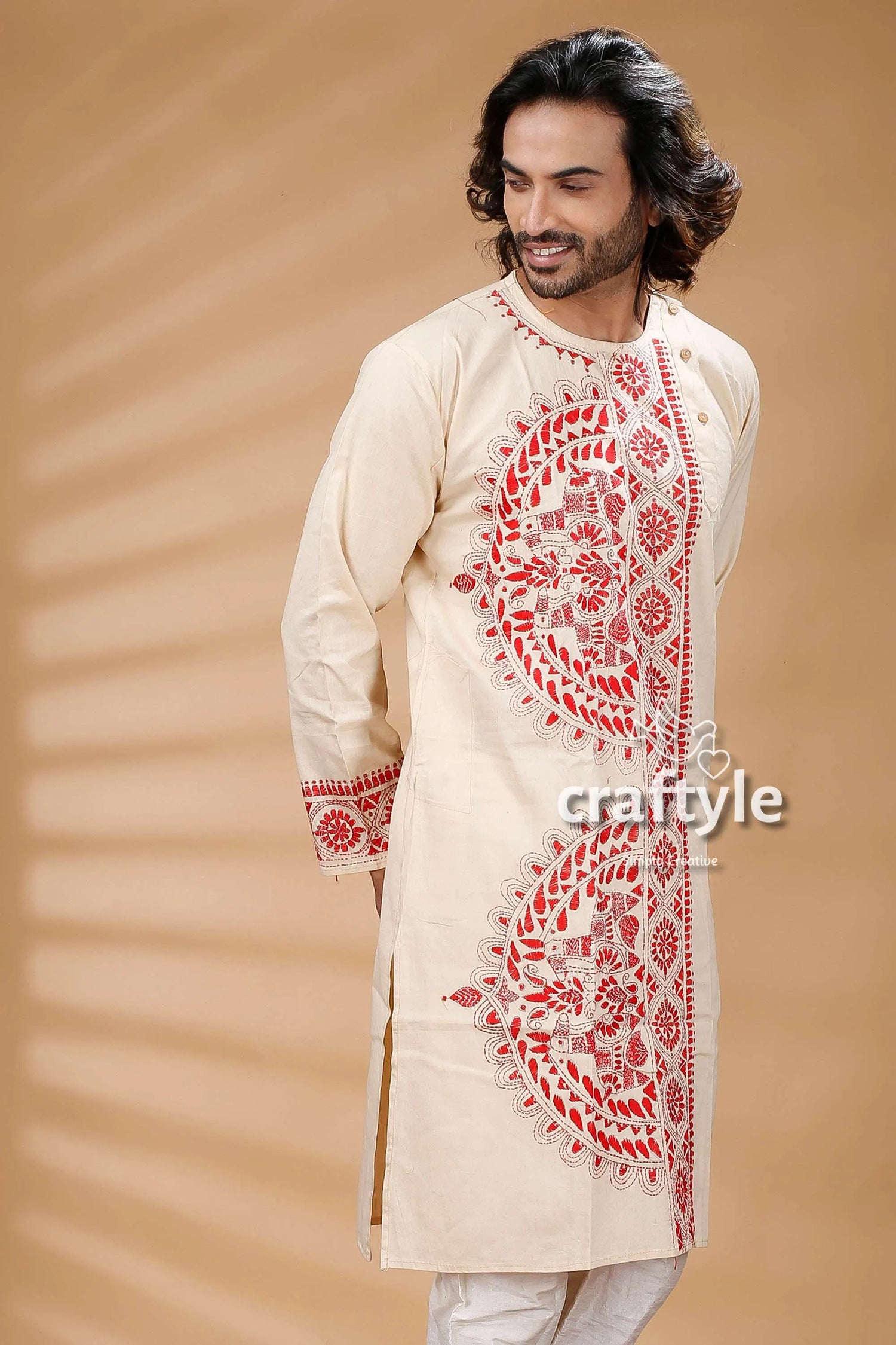 Cream color kantha stitch embroidered cotton kurta for men cream-colored intricate red embroidery 2