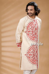 Cream color kantha stitch embroidered cotton kurta for men cream-colored intricate red embroidery 2