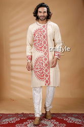 Cream color kantha stitch embroidered cotton kurta for men cream-colored intricate red embroidery 1