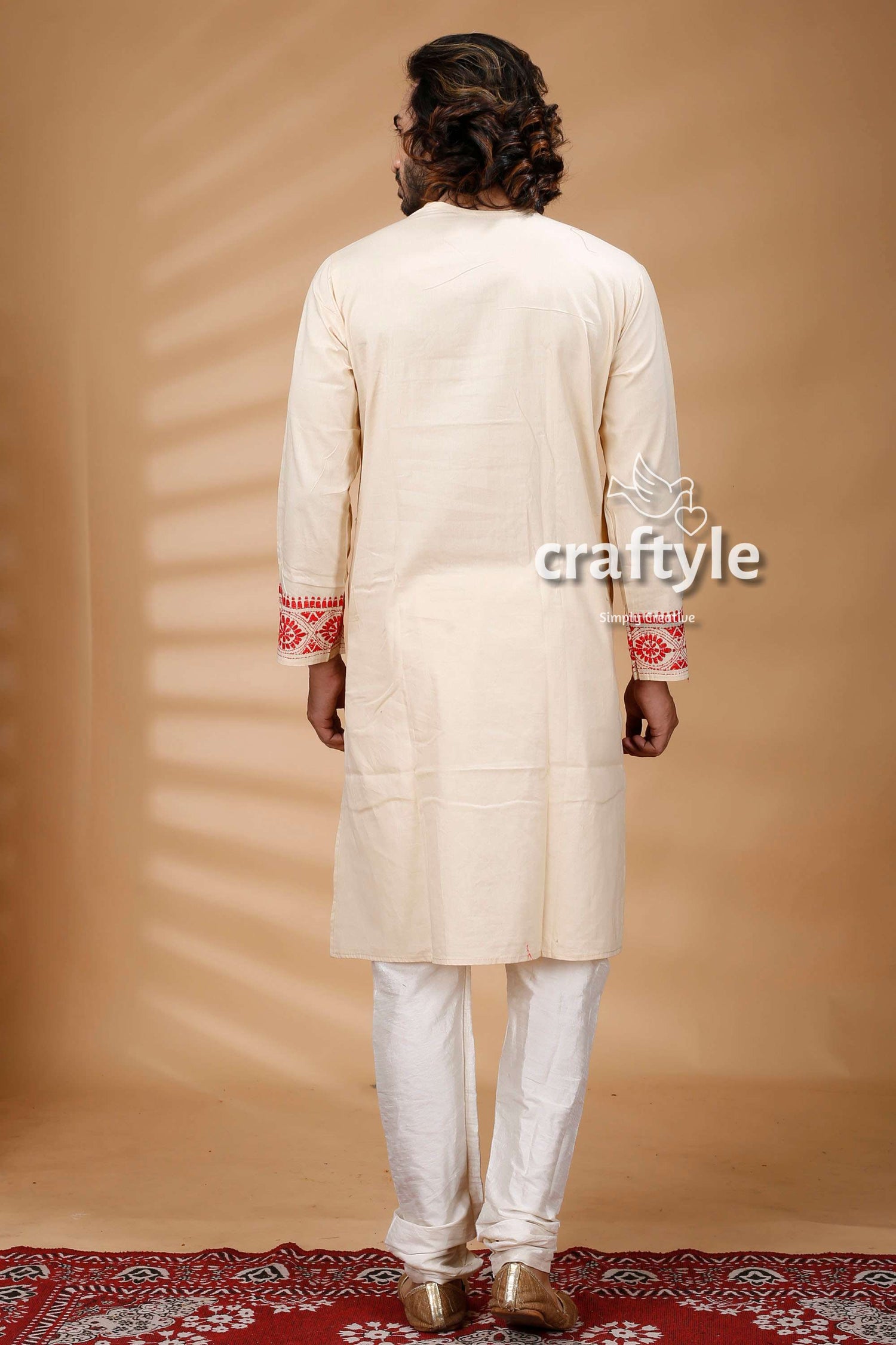 Cream Color Kantha Stitch Embroidered Cotton Kurta for Men - Craftyle