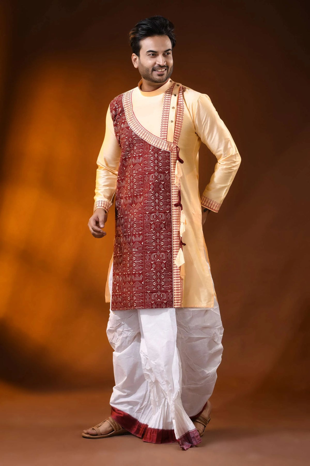 Cream cotton silk embroidery kurta for men with fish motif design 3