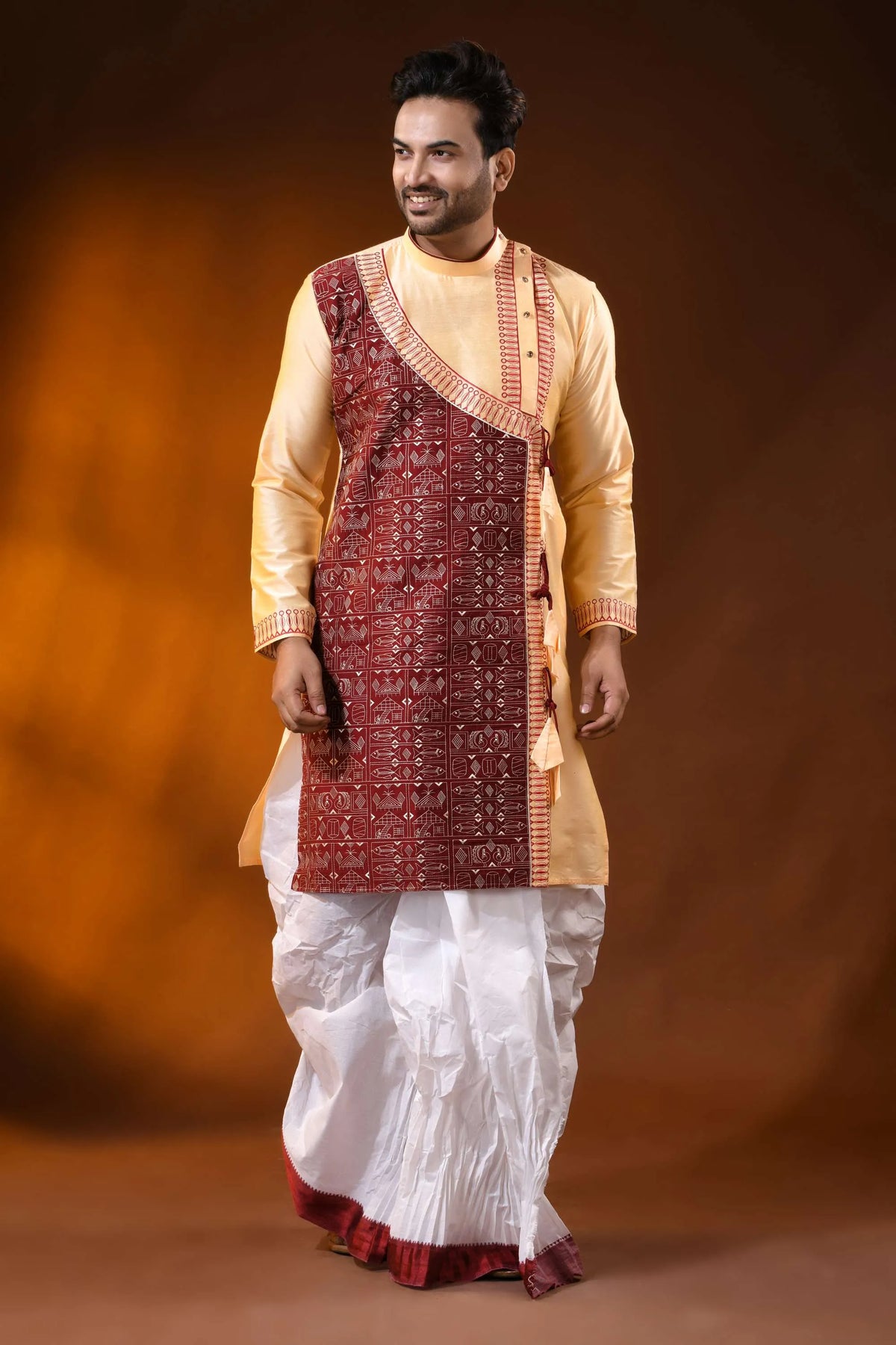 Cream cotton silk embroidery kurta for men with fish motif design 6