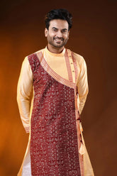 Cream cotton silk embroidery kurta for men with fish motif design 2