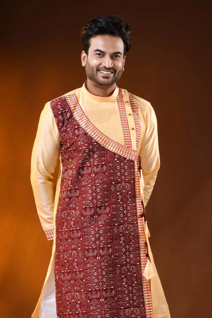 Cream cotton silk embroidery kurta for men with fish motif design 2