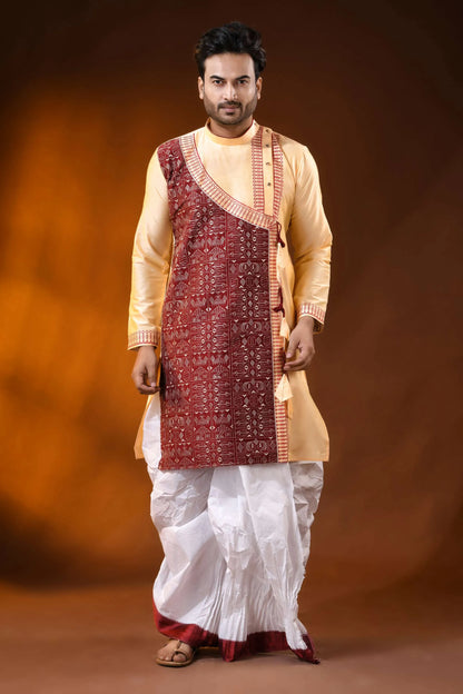 Cream cotton silk embroidery kurta for men with fish motif design 1